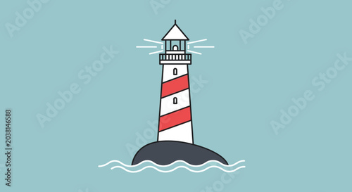 Foto Lighthouse guiding ships at sea with red and white stripes, flat design