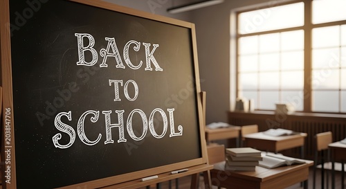 Back to school chalkboard in empty classroom, vintage blackboard with chalk text, academic learning environment with wooden desks and sunlight