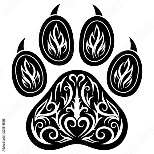 Paw print icon featuring decorative floral filigree patterns and elegant swirls designed as a stylized tribal art graphic element for creative logo branding and artistic animal related design projects