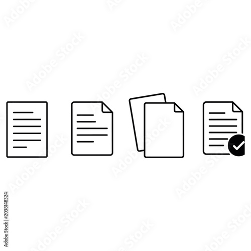 Document icons set featuring various paper files with lines and check marks representing business notes and data management tasks shown as a clean black line art collection for web design.