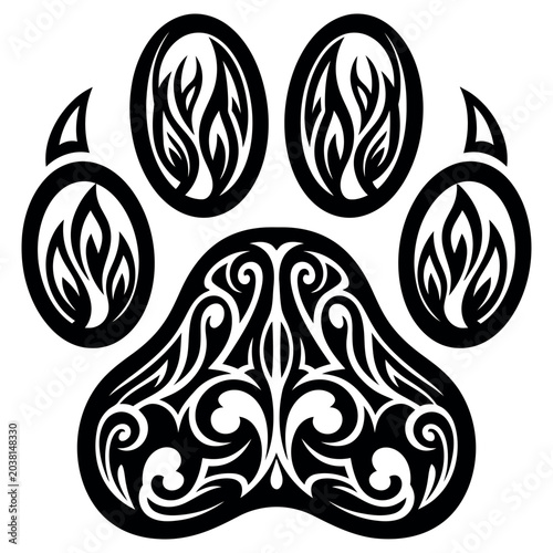 Paw print icon featuring elegant tribal style patterns and decorative filigree ornament details isolated on a plain surface created as a bold black and white vector graphic design art element.