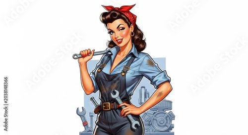 Vintage Pin-up Mechanic Woman Holding Wrenches Posing Confidently.