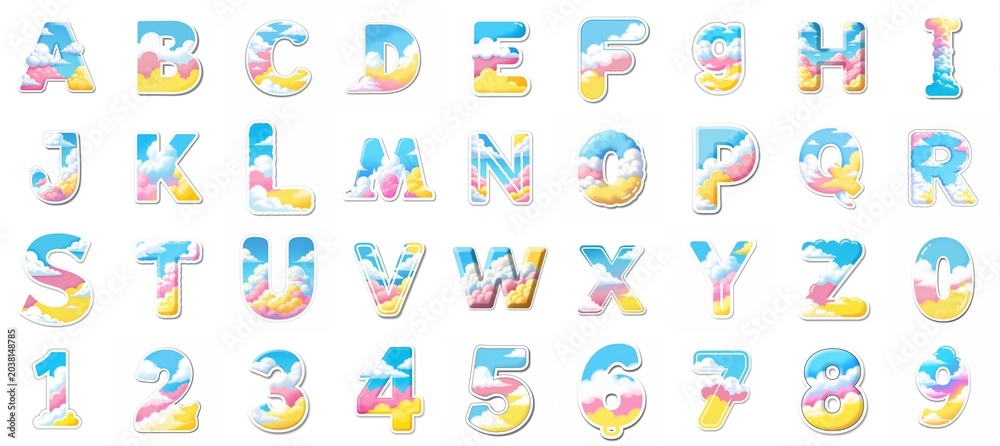 Obraz premium Colorful cloud alphabet and numbers for kids learning