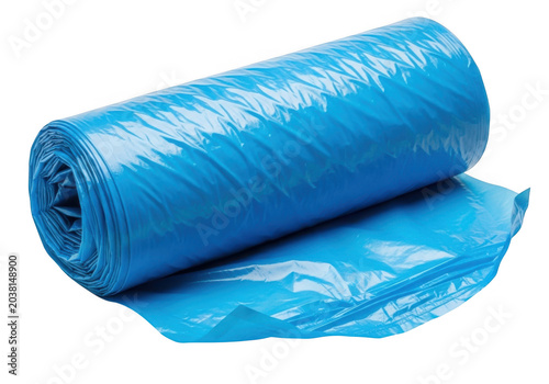 Blue plastic garbage bag roll on a flat surface