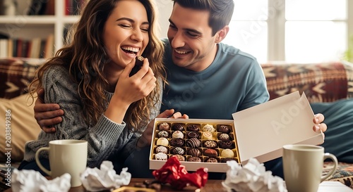 Romantic young couple sharing chocolate truffles at home, happy man and woman with gift box of sweets, cozy indoor date night with dessert