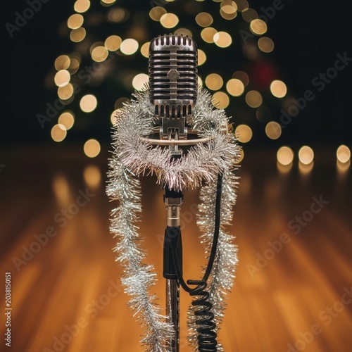 Vintage Microphone Adorned with Festive Silver Tinsel Garland.