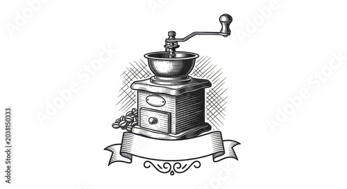 Vintage manual coffee grinder in a classic engraving style with a blank ribbon banner.