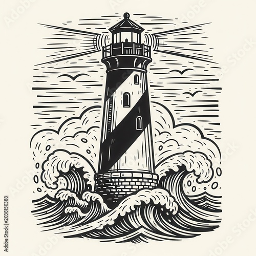 Vintage Lighthouse Illustration with Waves and Birds.