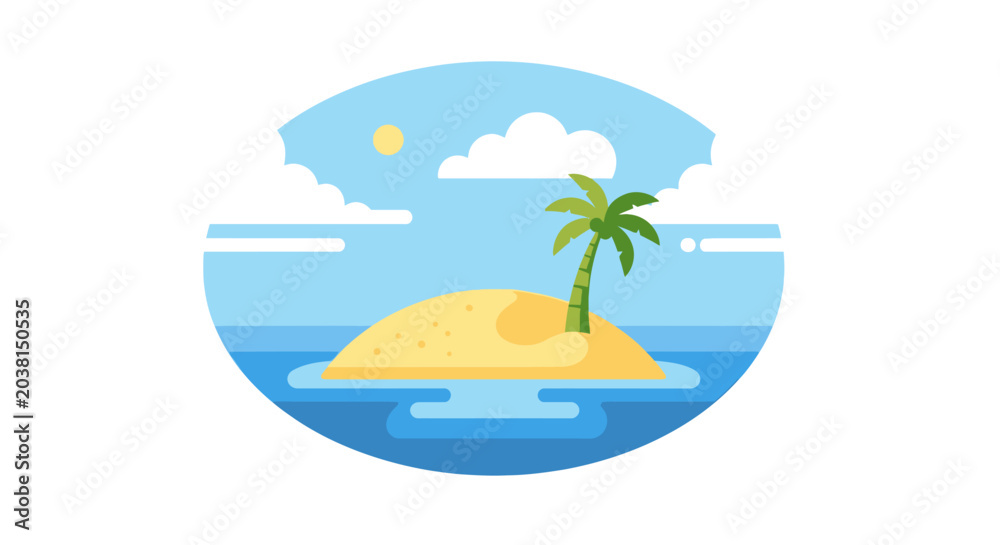 Fototapeta premium Tropical Island Paradise with Palm Tree, Sun and Clouds - Flat Vector Illustration