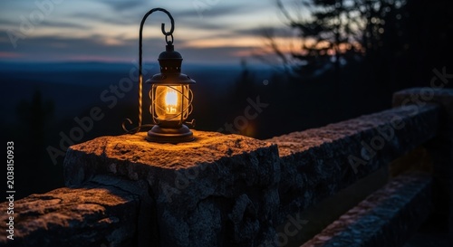 Vintage Lantern Illuminating Stone Wall at Dusk with Warm Glow.