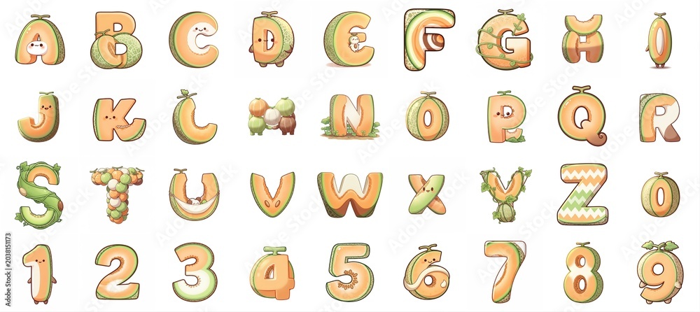 Fototapeta premium Cute Cartoon Melon Alphabet and Numbers for Learning