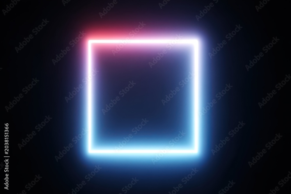 Fototapeta premium A glowing neon square with blue and red light against a dark background.