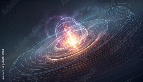 Abstract scientific visualization of a glowing energy core with orbital rings