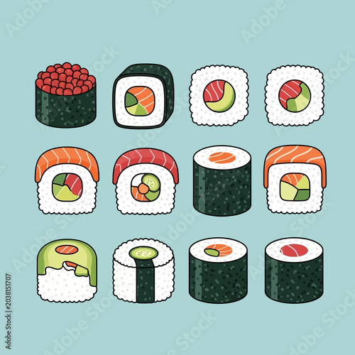 Assortment of Fresh Sushi Rolls and Nigiri on Light Blue Background