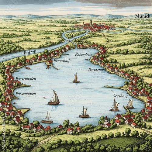 Vintage Illustration of Lake Starnberg with Sailing Boats and Town.