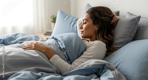 Relaxed Woman Lying in Bed Wrapped in Blue Bedding