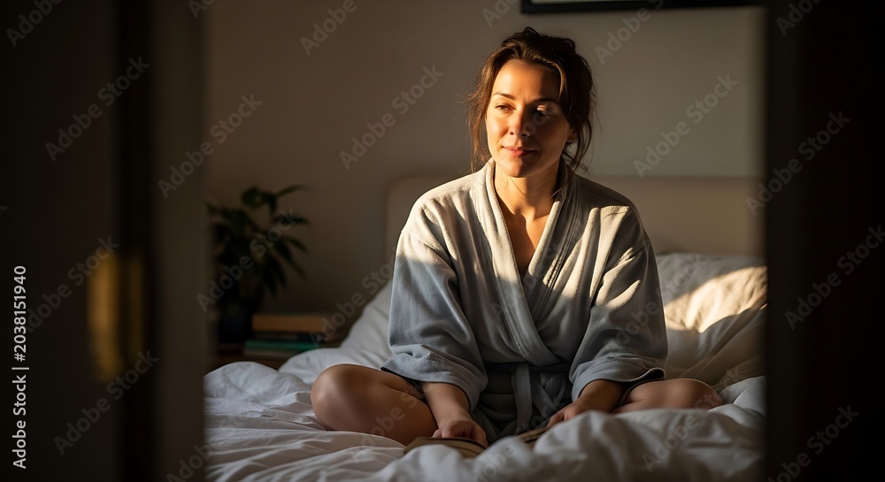 Fototapeta premium Relaxed Young Woman Sitting on Bed in Soft Robe at Home
