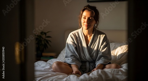 Relaxed Young Woman Sitting on Bed in Soft Robe at Home