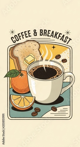 Vintage Illustration of a Coffee and Breakfast Scene.