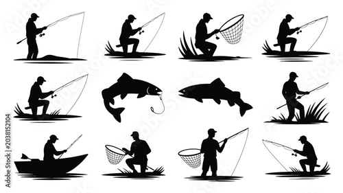 Obraz na płótnie Fishing silhouettes vector set, various fisherman and fish on water in nature environment