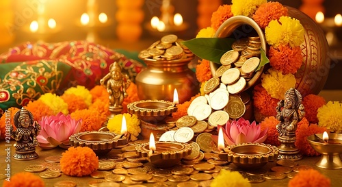 Sacred Money Coins Salt Lamp Flowers and Candles in Hindu Shrine