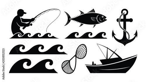 Photos Fishing black icon set on white background vector illustration fish hook lure fishing rod boat anchor waves fisherman