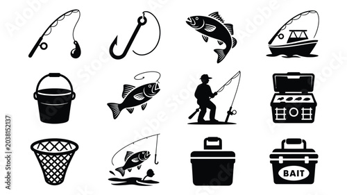 Tableau sur toile Fishing icons bucket net bait box fish rod person boat gear object