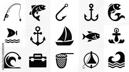 Schilderij op canvas Fishing icons set featuring rods fish hooks anchors and boating equipment vector design