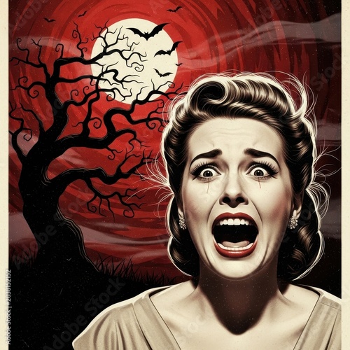 Vintage Horror Illustration of a Terrified Woman Screaming.
