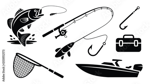 Konstfotografi Fishing equipment vector collection with jumping bass net tackle box and motorboat icons