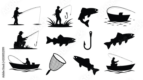 Schilderij op canvas Fishing silhouette icons man boat fish hook net bait box outdoor activity