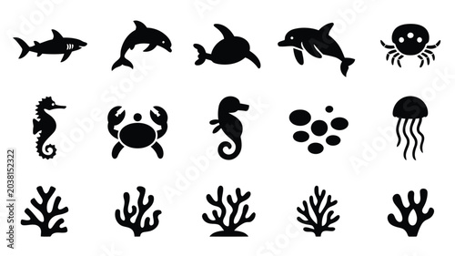 Foto Collection of various underwater sea creatures and ocean plants flat vector icon design