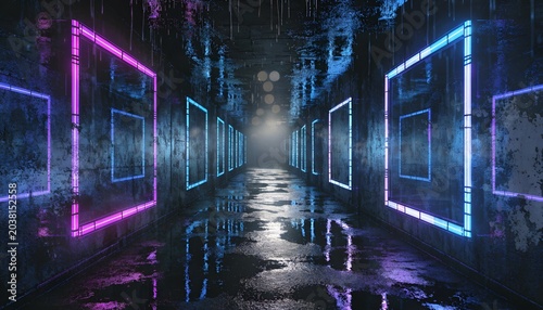 Futuristic neon corridor with glowing square lights and wet floor, abstract cyberpunk background