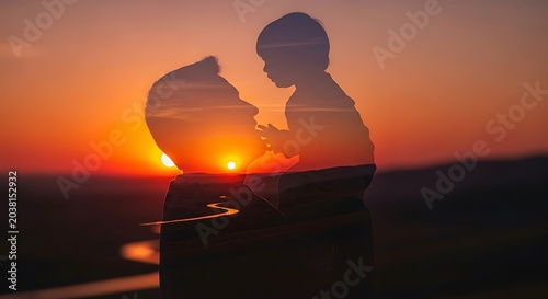 Silhouetted Parent Holding Baby at Sunset