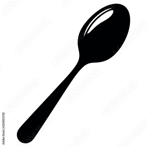 Simple black silhouette of a dining spoon isolated on a white background showing a clean and minimalist graphic design style