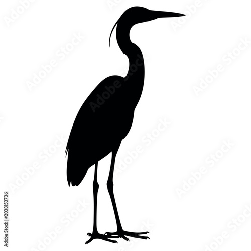 Elegant black silhouette of a standing crane bird isolated on a pure white background for creative graphic design professional projects