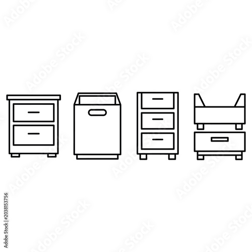 Four distinct storage furniture icons featuring simple black outlines on a clean white background for modern interior design project needs