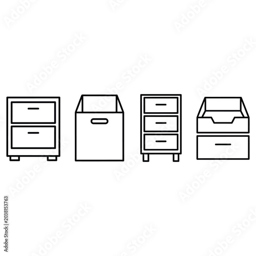 Four distinct linear office storage icons featuring various drawer units and open boxes displayed on a clean white background surface