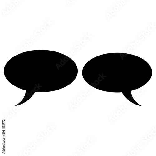 Two black speech bubbles isolated on a plain white background representing communication dialogue conversation and interaction in minimalist graphic design