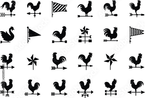 Schilderij op canvas Vintage weather vane silhouettes collection featuring rooster wind direction and