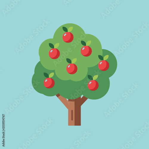 Cartoon Apple Tree with Red Fruits and Green Leaves, Flat Vector Illustration