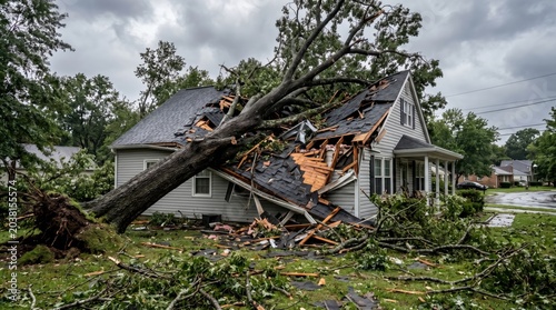 Large fallen tree collapsed onto roof causing severe damage to suburban house after storm on residential street