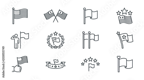 Collection of outline style american flag icons for patriotic and national events theme.