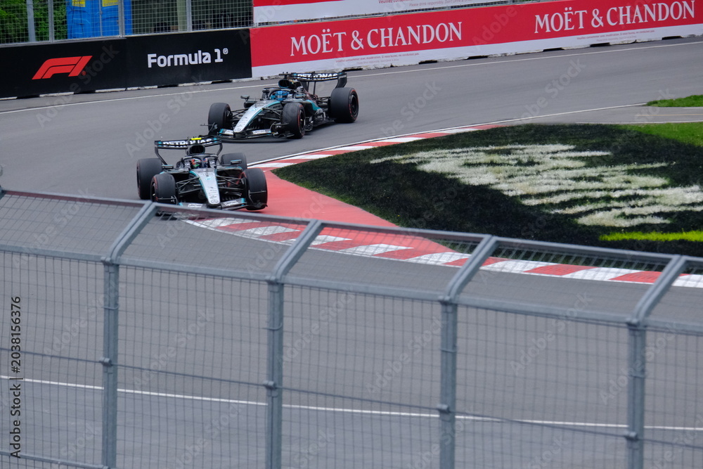 Naklejka premium May 25, 2026, Montreal, Canada, Mercedes F1 car driven by Antonelli and Russell during Formula 1 action. g.