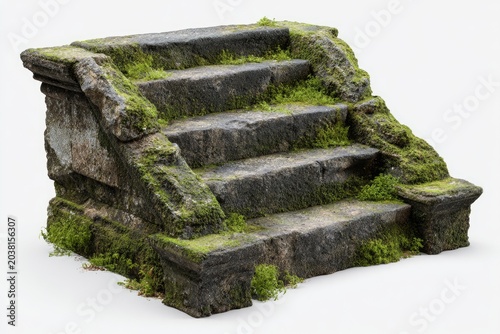 Weathered stone steps overgrown with vibrant moss
