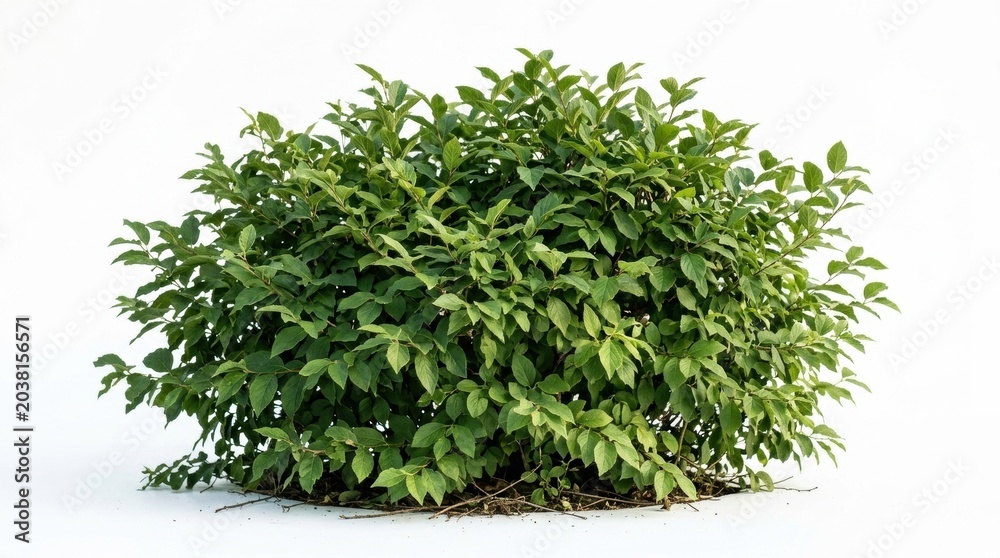 Fototapeta premium Lush green shrub isolated on white background, vibrant garden bush with dense foliage, decorative landscape plant for architectural visualization
