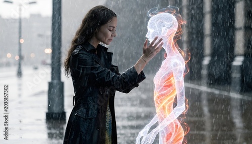 Woman touches glowing AI hologram in rainy city street, futuristic connection concept
