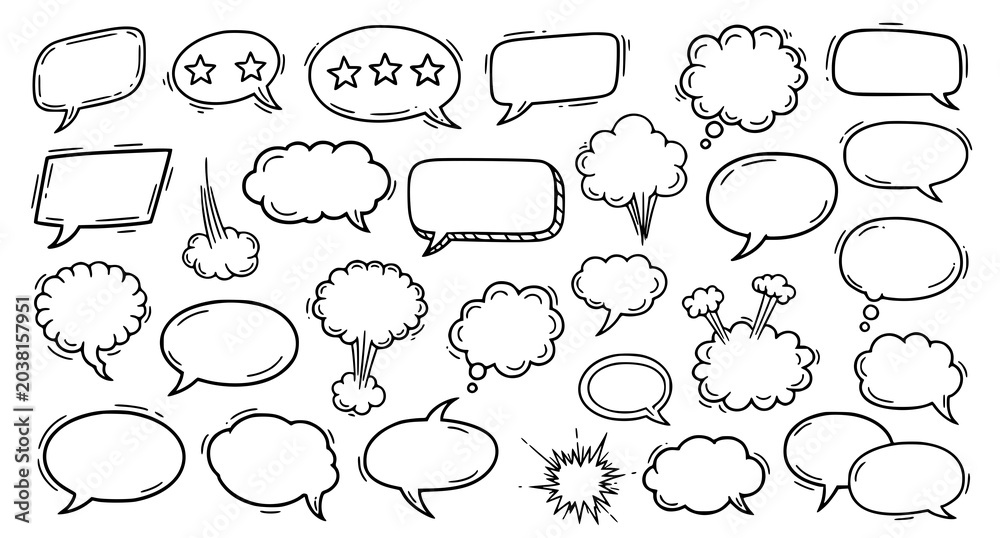 Naklejka premium Hand drawn comic speech bubble vector set with retro 90s doodle dialogue boxes