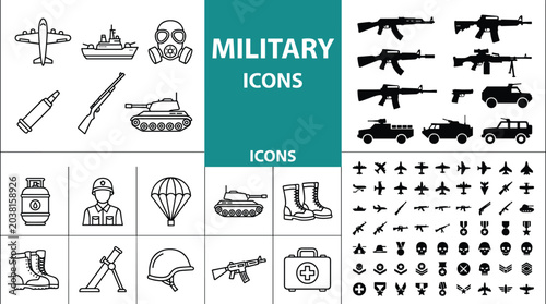 Картината върху платно Military Equipment and Weapon Icon Set Featuring Tanks, Aircraft, Soldiers, and