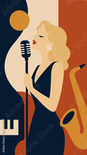 Obraz na płótnie Vintage Jazz Singer Performing with Microphone and Saxophone